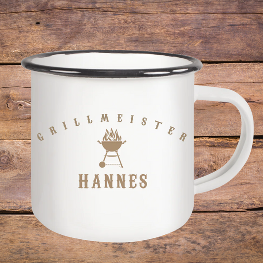 Grillmeister, Name personalisierbar - Emaille Tasse (Black)