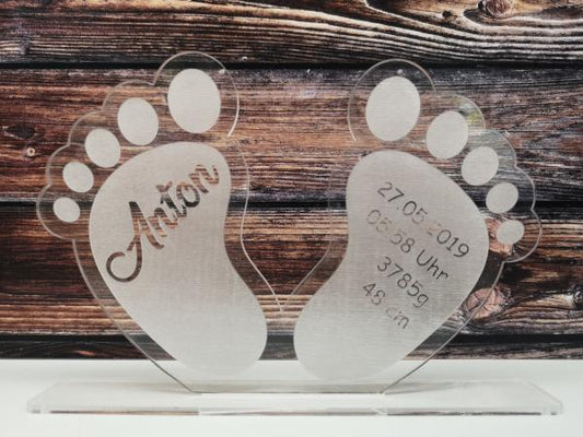 Baby feet with names and birth details including display made of acrylic