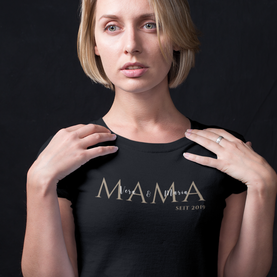 MAMA zënter ... T-Shirt schwaarz mat gëllene Buschtawen - personaliséierbar